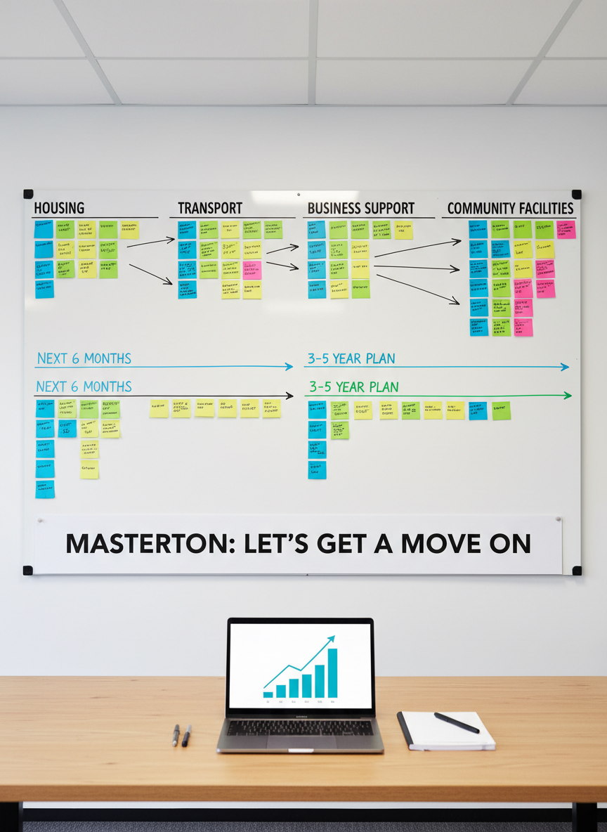 A meticulously organized whiteboard in a council workspace, covered with colorful sticky notes and clearly written headings such as “Housing”, “Transport”, “Business Support”, and “Community Facilities”, all connected by neat arrows and timelines labeled “Next 6 Months” and “3–5 Year Plan”. Below, a printed header reads “Masterton: Let’s Get a Move On”. A laptop displaying a simple, upward-trending growth graph sits on a tidy desk beneath the whiteboard. Bright but diffused office lighting evenly illuminates the scene, reducing glare while keeping all text legible. Shot straight-on with a medium-wide frame, the photographic image feels dynamic but controlled, symbolizing experienced planning, structured energy, and a clear roadmap to guide Masterton through the next phase of Wairarapa’s growth.